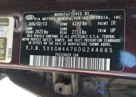 2013 Kia Optima Lx from USA, damaged, VIN 5XXGM4A76DG244665